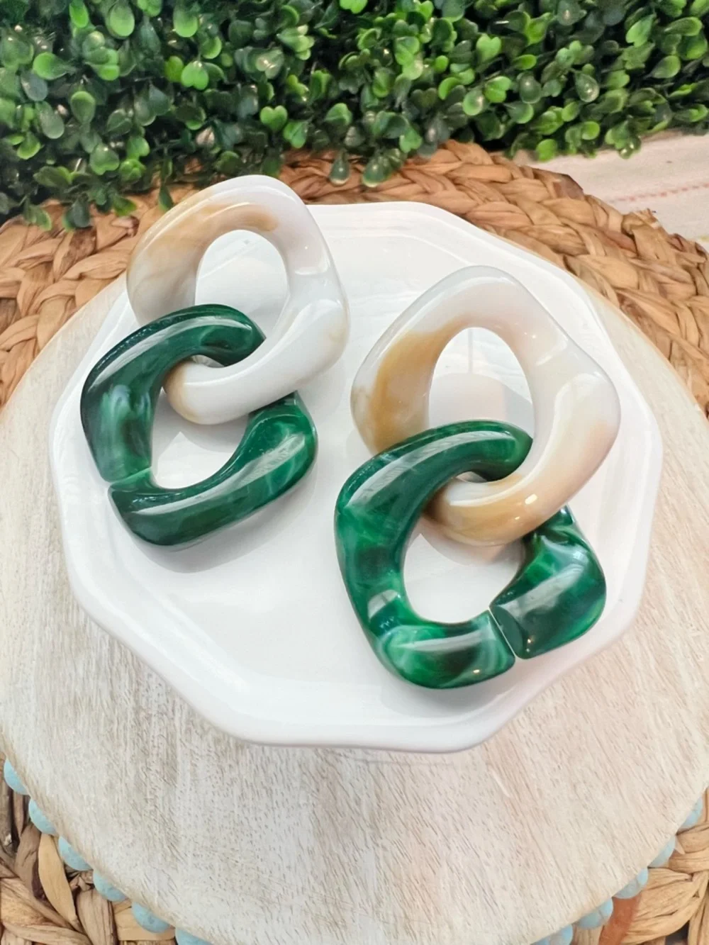 New Chunky Linked Resin Earrings in Cream and Forest Green | Lightweight